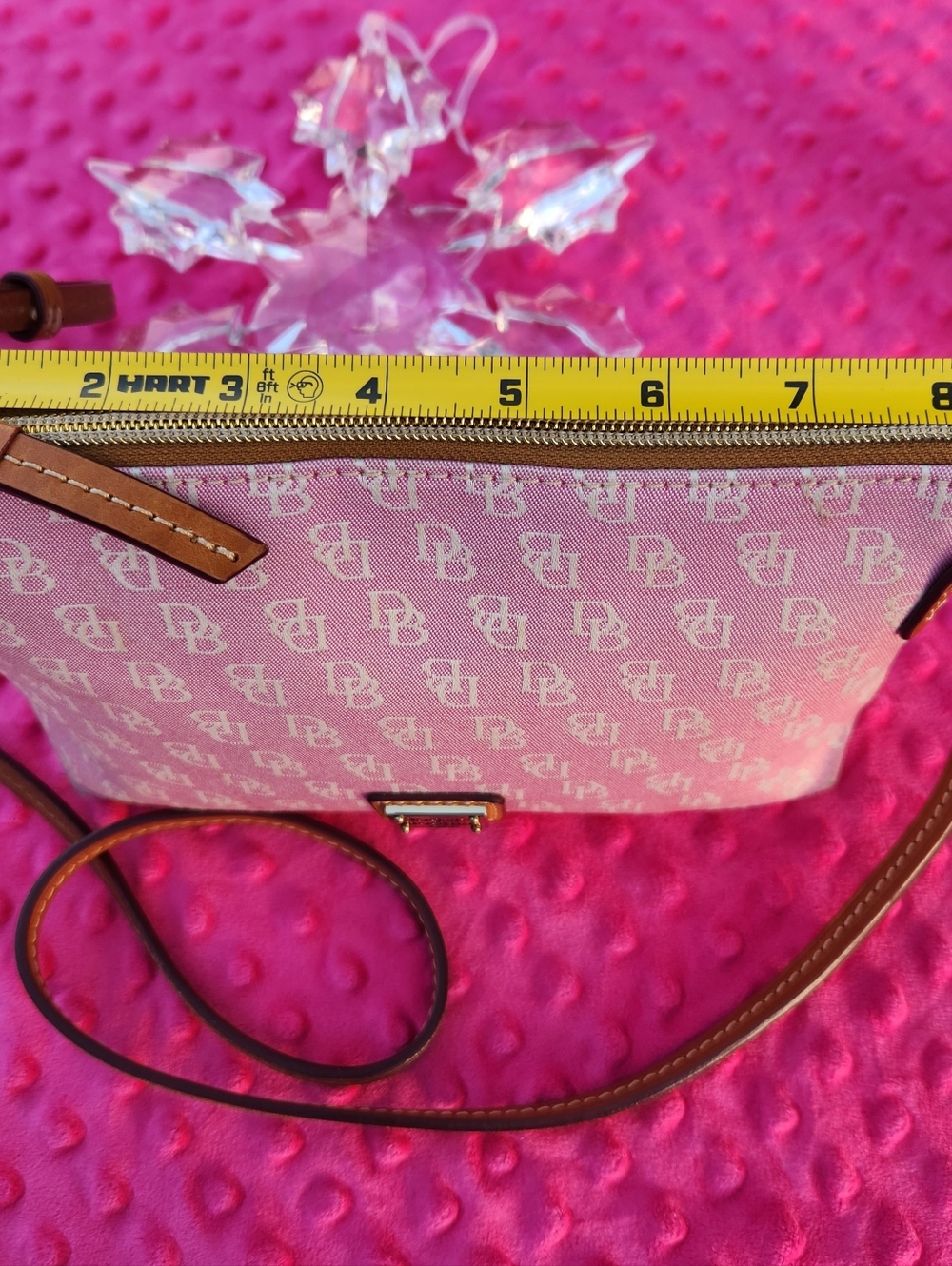 Dooney & Bourke Pink & White Canvus Logo Crossbody With Tan Leather Trim EUC - Picture 14 of 16